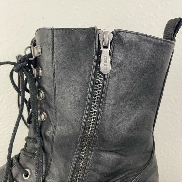 TORRID Black Dark Grey Faux Leather Metal Heel Mid Calf Lace Up Combat Boots - Picture 9 of 14